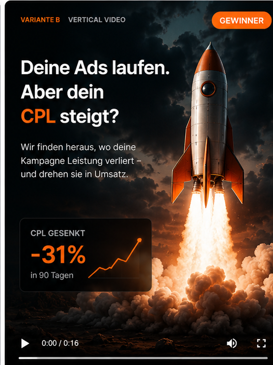 Vertical Video als Standbild: Raketenstart mit der Headline Deine Ads laufen. Aber dein CPL steigt?