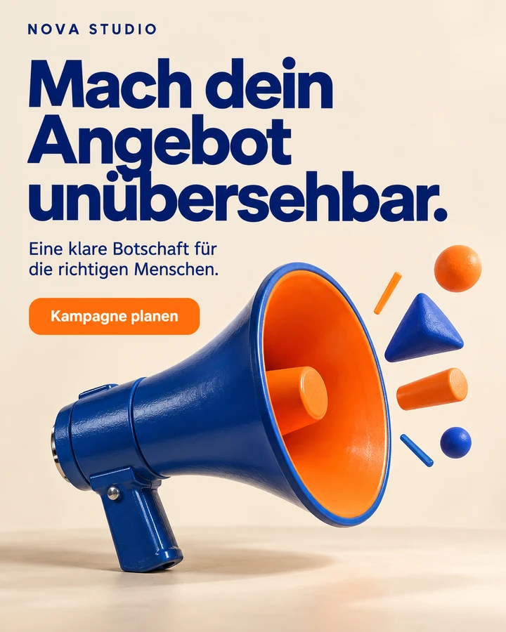 Demo-Referenz mit blau-orangefarbenem Megafon auf hellem Hintergrund und dem Text: Mach dein Angebot unübersehbar.